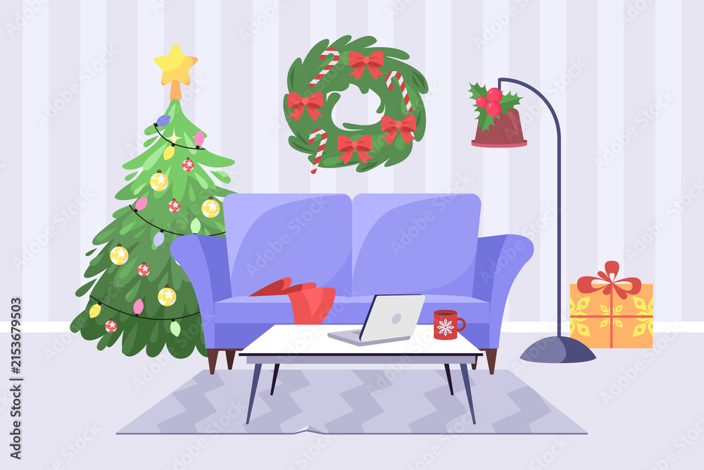 Naklejka premium Cozy Christmas Living Room with Sofa and Tree