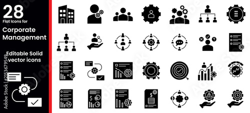 Corporate Management Solid Icons Set – Business Strategy, Team Leadership, Organization, Planning, Performance, Workflow and Management Symbols in Editable Glyph Vector Collection 
