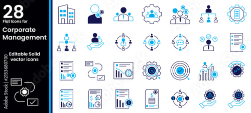 Corporate Management Solid Icons Set – Business Strategy, Team Leadership, Organization, Planning, Performance, Workflow and Management Symbols in Editable Glyph Vector Collection, blue duotone 