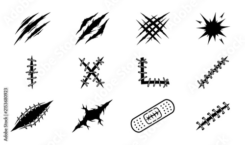 Spooky Halloween Vector Silhouette Set Featuring Monster Claw Scratch Marks, Creepy Surgical Stitched Wounds, Barbwire Scars, and Medical Bandage Graphic Design Elements