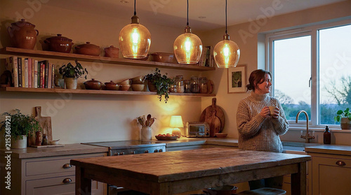 Woman Standing in Modern Kitchen with Glowing Pendant Lights at Sunset, Cozy Home Interior with Wooden Island and Open Shelving