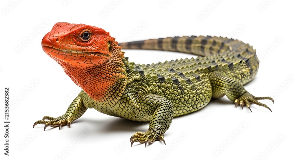 Fototapeta premium Tuatara reptile with vibrant orange head on a clean white background with sharp detail