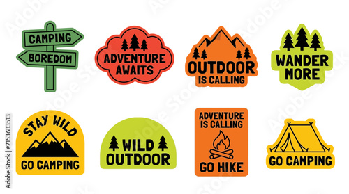 Foto Colorful camping stickers featuring motivational quotes and wilderness icons for