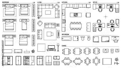 Architectural Floor Plan Furniture Symbols Vector Set Interior Design Top View