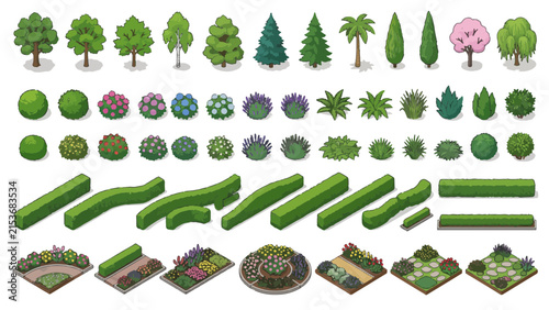Isometric Landscape Vector Elements Set Trees Shrubs Hedges Flowerbeds