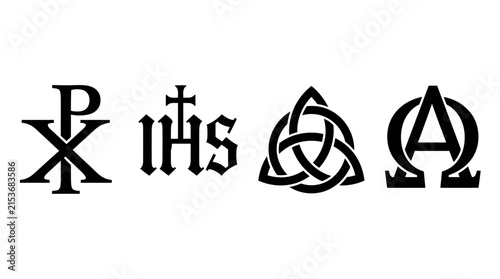 Sacred religious symbols featuring christian iconography including chi rho and holy trinity isolated on white background