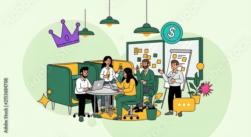 Diverse creative team collaborating in modern office workspace with brainstorming and success elements