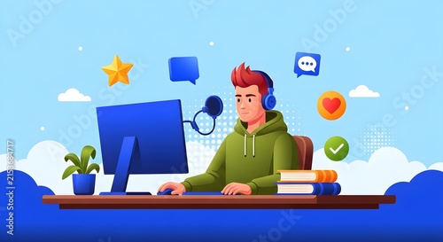 Creative professional working remotely with digital tools, innovation, and success icons floating above