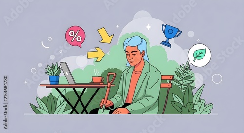 Creative professional working on laptop surrounded by vibrant nature-inspired icons and plants