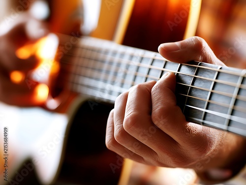 Close-up photo of hands playing acoustic guitar chords. Warm lighting and shallow depth of field. Symbolizes learning, practice, creativity, and the joy of music.
