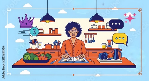 Creative professional working in vibrant modern kitchen workspace with digital devices and plants