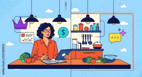 Creative professional working at modern desk with financial charts, plants, and digital tools in vibrant office