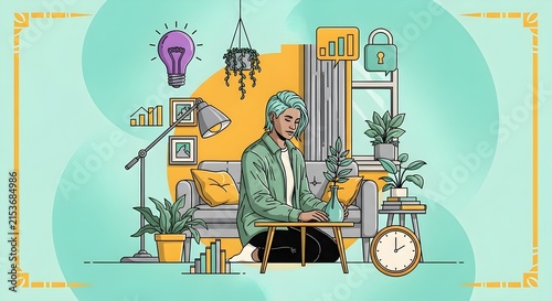 Creative professional brainstorming in vibrant workspace with lightbulb ideas and plants