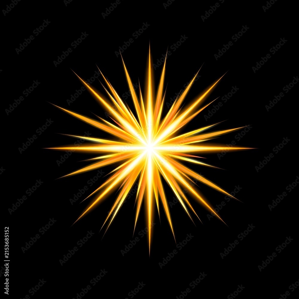 Fototapeta premium Single golden starburst light effect radiating intense rays on deep black backdrop.