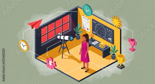 Creative professional working in a modern, colorful office with digital tools and brainstorming elements