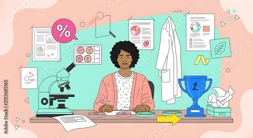Creative professional analyzing data with success awards and research tools in vibrant office workspace