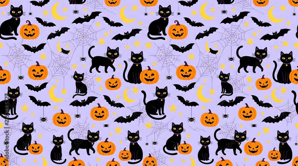 Seamless pattern featuring cute black cats and orange pumpkins for a festive and spooky halloween holiday background design