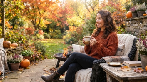 Woman relaxing with a warm drink in a colorful autumn garden, peaceful outdoor lifestyle, seasonal wellness and cozy fall comfort.