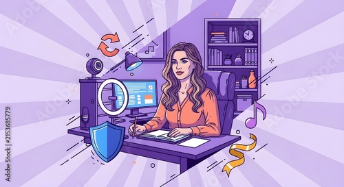 Creative professional working on digital design with cybersecurity and productivity elements in modern home office