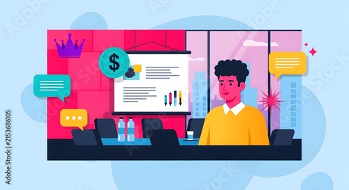 Creative professional analyzing financial data on laptop with dollar sign and growth charts in vibrant workspace