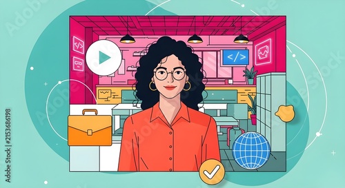 Creative professional woman reviewing digital content with global icons and checkmark approval symbols