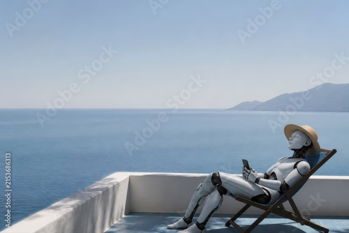 Seaside robot relaxation with smartphone on a quiet terrace