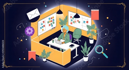Modern Creative Office Workspace with Plants, Notebooks, and Magnifying Glass for Brainstorming and Innovation