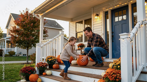 Father and Daughter Decorating Porch Steps with Pumpkins and Mums, Family Autumn Home Decoration on Front Porch at Sunset