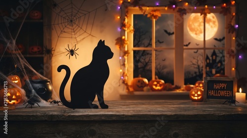 Black cat with glowing Halloween pumpkins in a dark interior for party promotions, greeting cards and magical seasonal campaigns.