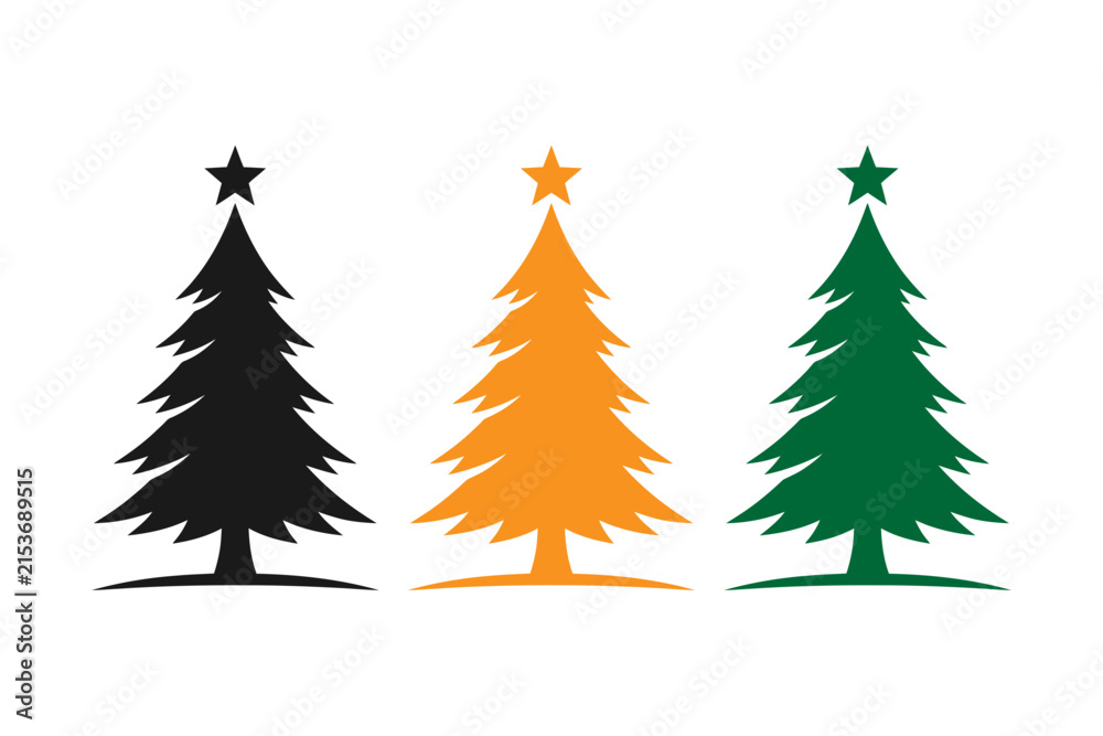 Fototapeta premium Set of three stylized christmas tree icons in black orange and green colors isolated on white background