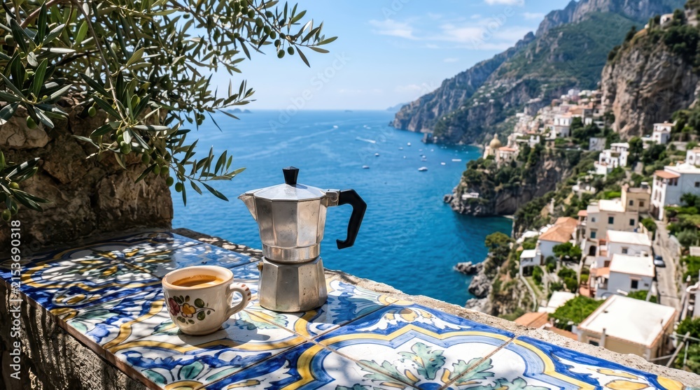 Fototapeta premium Tiled terrace with espresso maker and cup overlooking cliffs and coastal village, calm seaside morning with scenic amalfi style panorama and bright sunlight