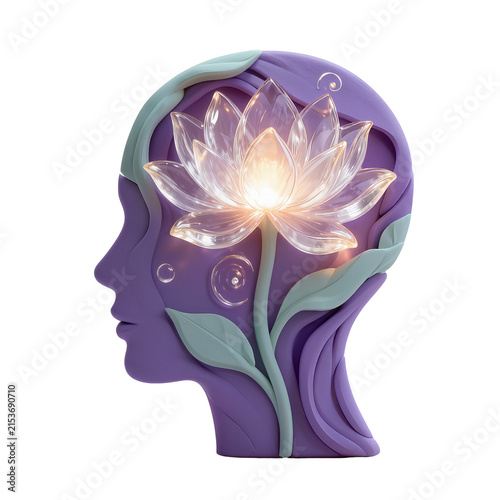 Clay human head with glowing glass lotus flower on transparent background.