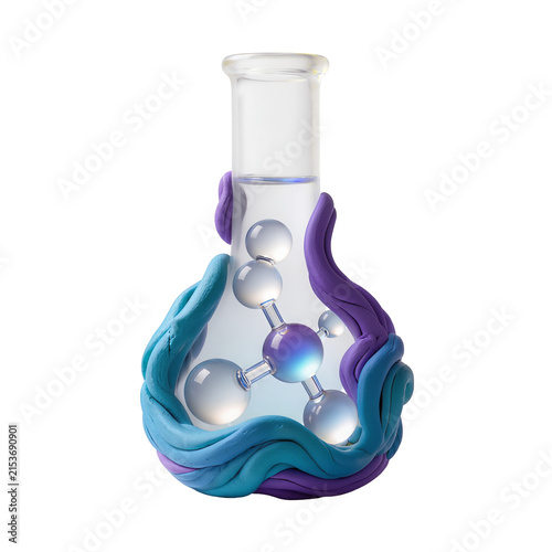 Clay stylized laboratory flask with glass molecule inside on transparent background.