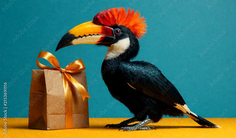 Obraz premium Vibrant Toucan with Gift Box Against Teal Background Stock Photo