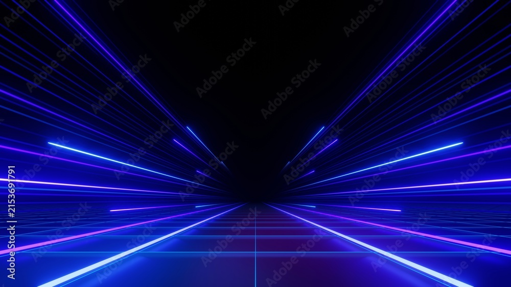 Naklejka premium Abstract futuristic perspective grid background with vibrant blue and purple neon light lines vanishing into dark horizon. Retrofuturistic 3D cyber tunnel vector illustration for gaming, sci-fi, and m