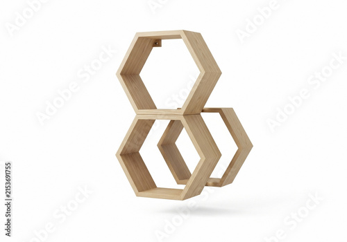 Stacked wooden hexagonal shelves minimalist display
