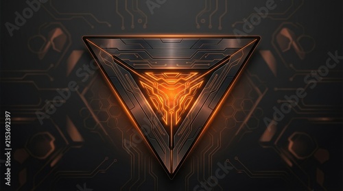 Futuristic metallic triangle with glowing orange circuitry and dark background