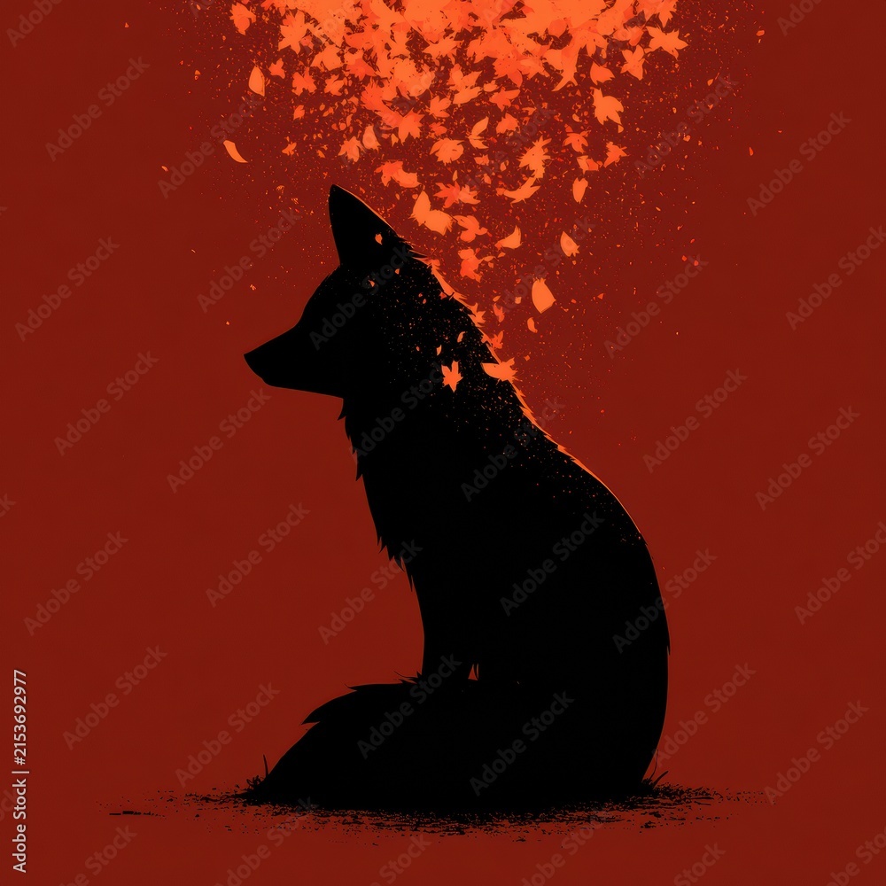 Naklejka premium A fox silhouette sits against a backdrop of glowing leaves in russet colors during evening hours in a natural setting.