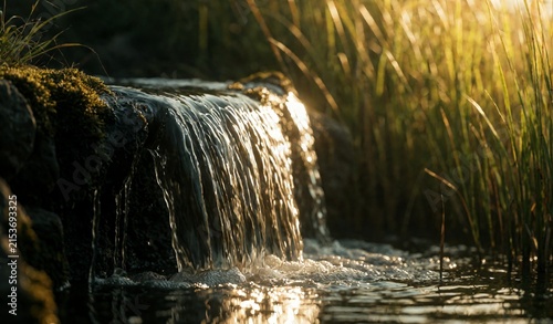 Golden Hour Waterfall Cascade Sunlight Reflection Nature Landscape Serene