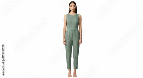 Woman in sleeveless green jumpsuit standing straight