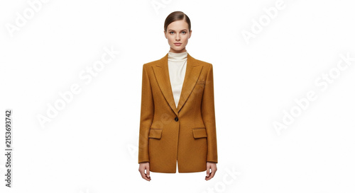 Woman in stylish mustard blazer and white turtleneck