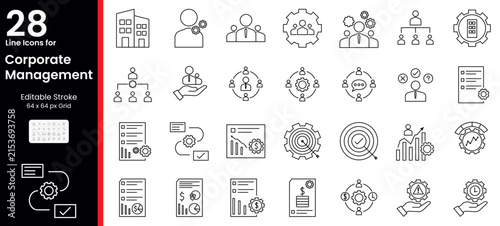 Corporate Management Icons Set – Business Strategy, Team Leadership, Organization, Planning, Performance, Workflow and Management Symbols in Editable Stroke Vector Collection