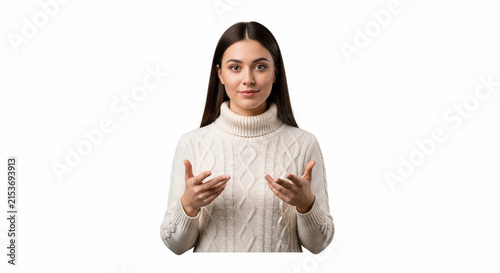 Woman in white sweater gesturing with hands