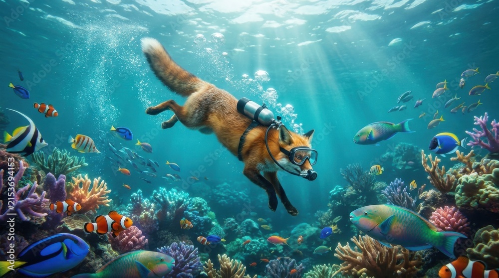 Naklejka premium Red fox wearing scuba gear explores vibrant coral reef with tropical fish