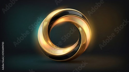 Abstract golden and black infinity loop sculpture with dramatic lighting