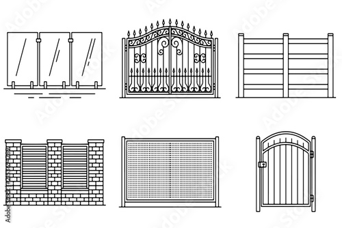 Architectural Design Elements: A collection of six distinct fence and gate designs presented as line drawings, showcasing various styles from ornate metalwork to modern glass and brick.