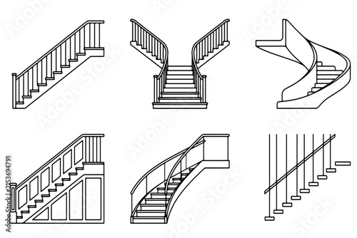 Architectural Stair Designs: A collection of six distinct architectural illustrations showcasing various staircase designs, from straight and split to spiral and cantilevered.