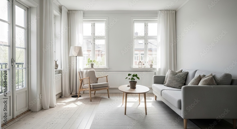 Fototapeta premium Contemporary living room with grey sofa.