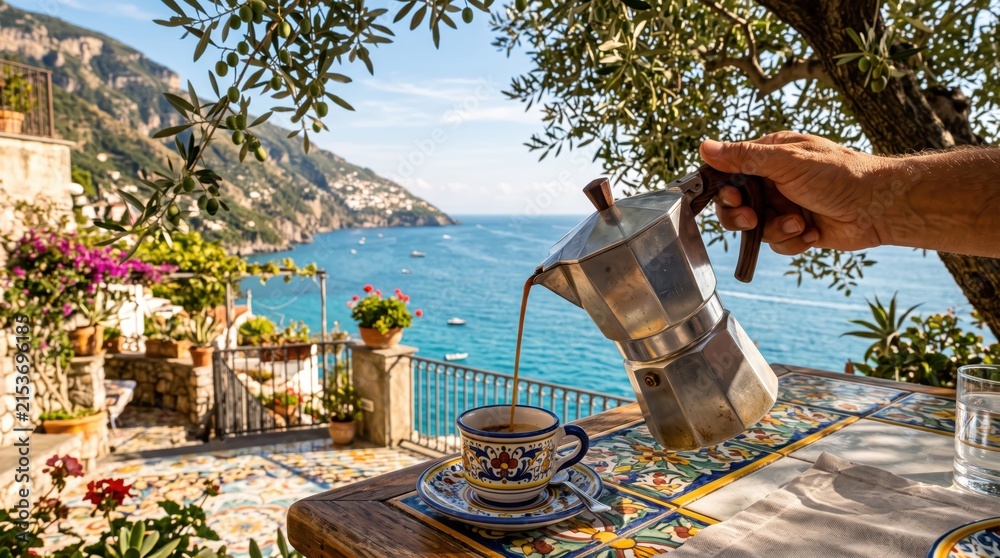 Fototapeta premium Hand pouring coffee from moka pot into patterned cup on tiled table with coastal view and potted plants; alfresco breakfast scene on cliffside terrace overlooking sea