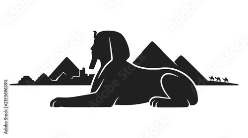 Sphinx and Pyramids Silhouette, Ancient Egypt Landmark with Camel Caravan